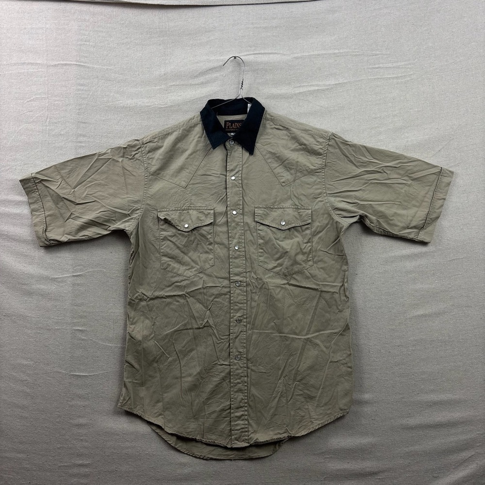 Plains Western Wear Shirt Mens Medium Tan Black Pearl Snap Short Sleeve Yoke